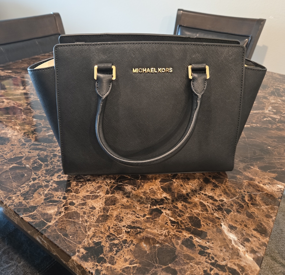 Michael Kors Black Saffiano Leather Satchel with Gold Hardware
